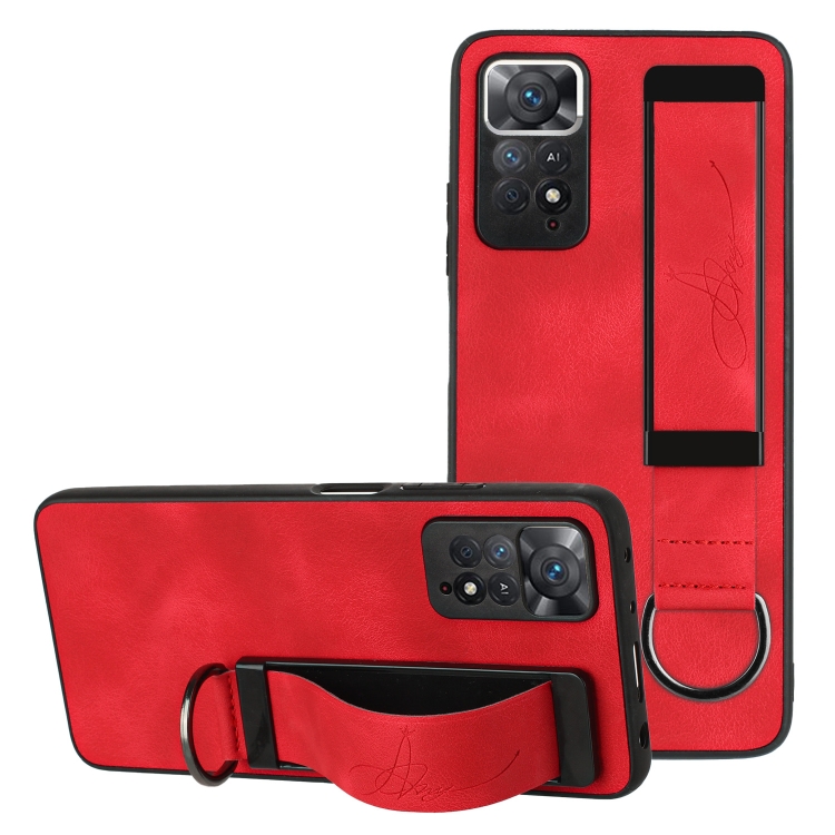 

For Xiaomi Redmi Note 11 Pro Wristband Holder Leather Back Phone Case(Red)
