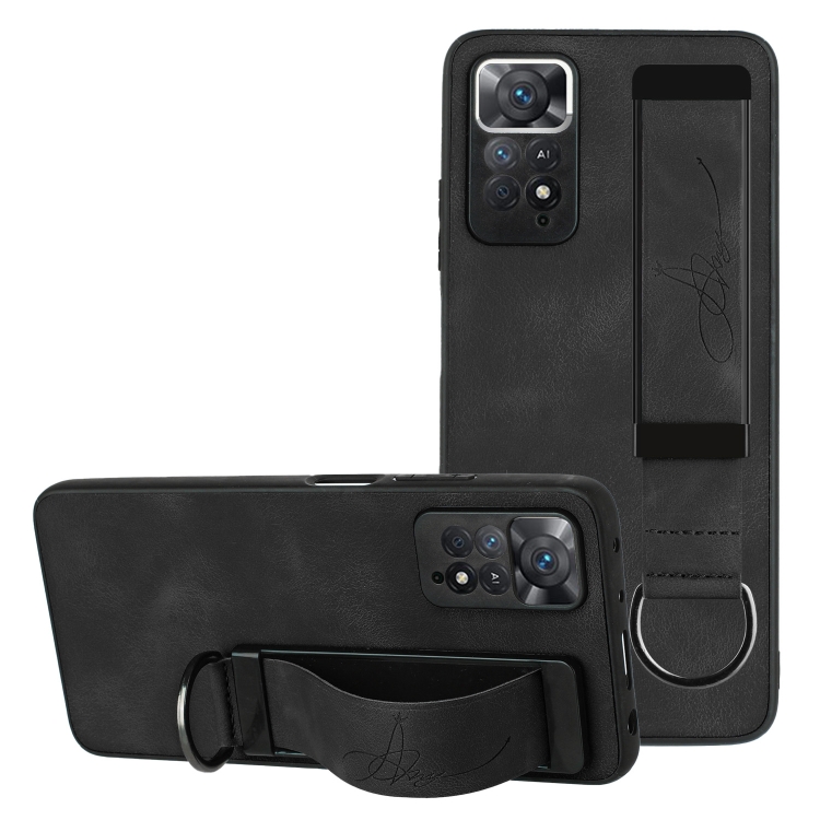 

For Xiaomi Redmi Note 11 Pro Wristband Holder Leather Back Phone Case(Black)