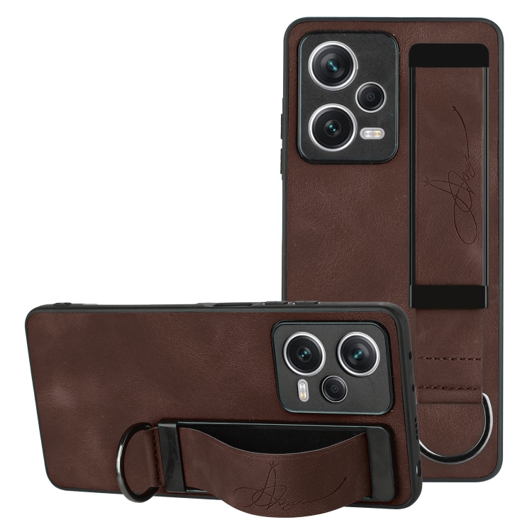 

For Xiaomi Redmi Note 12 Pro+ 5G Global Wristband Holder Leather Back Phone Case(Coffee)