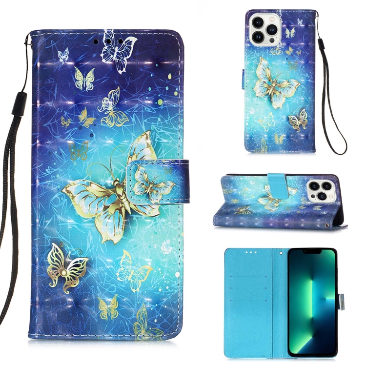 

For iPhone 15 Pro Max 3D Painting Horizontal Flip Leather Phone Case(Golden Butterfly)