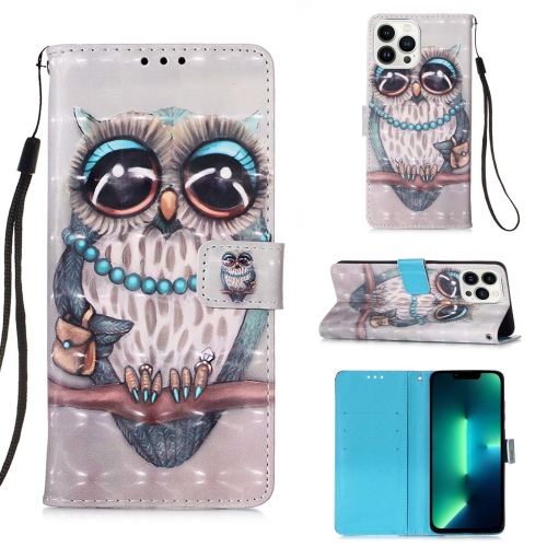 

For iPhone 15 Pro Max 3D Painting Horizontal Flip Leather Phone Case(Grey Owl)