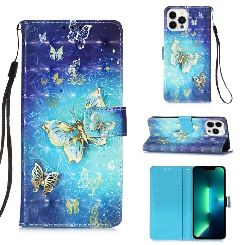 

For iPhone 15 Pro 3D Painting Horizontal Flip Leather Phone Case(Golden Butterfly)