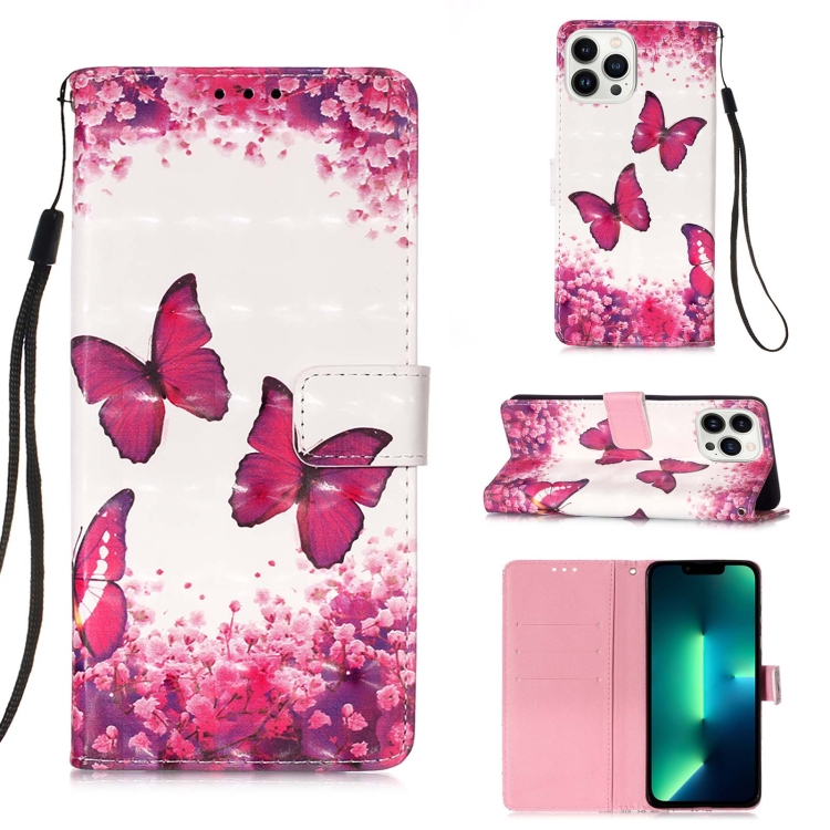 

For iPhone 15 Pro 3D Painting Horizontal Flip Leather Phone Case(Rose Butterfly)