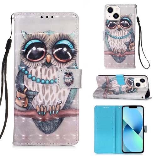 

For iPhone 15 Plus 3D Painting Horizontal Flip Leather Phone Case(Grey Owl)
