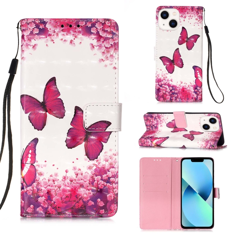 

For iPhone 15 3D Painting Horizontal Flip Leather Phone Case(Rose Butterfly)