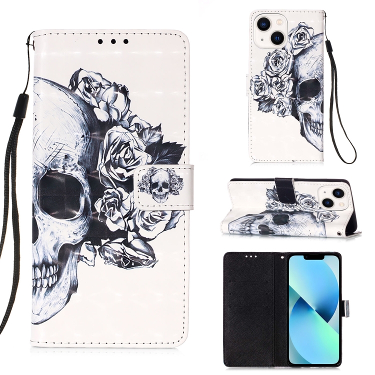 

For iPhone 15 3D Painting Horizontal Flip Leather Phone Case(Skull)