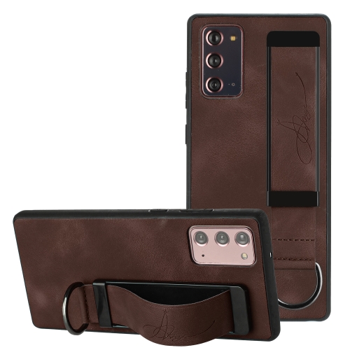 

For Samsung Galaxy Note20 Wristband Holder Leather Back Phone Case(Coffee)