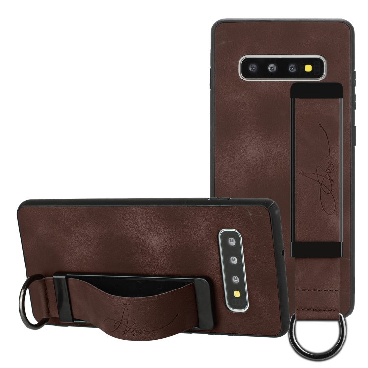 

For Samsung Galaxy S10 Wristband Holder Leather Back Phone Case(Coffee)
