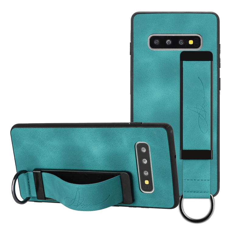 

For Samsung Galaxy S10+ Wristband Holder Leather Back Phone Case(Green)