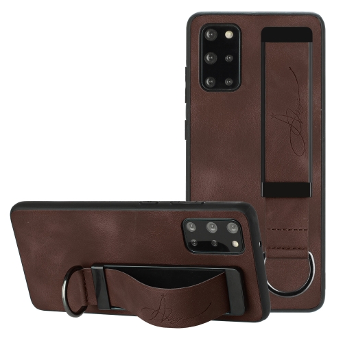 

For Samsung Galaxy S20 FE Wristband Holder Leather Back Phone Case(Coffee)