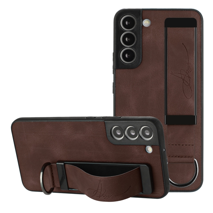 

For Samsung Galaxy S21 5G Wristband Holder Leather Back Phone Case(Coffee)