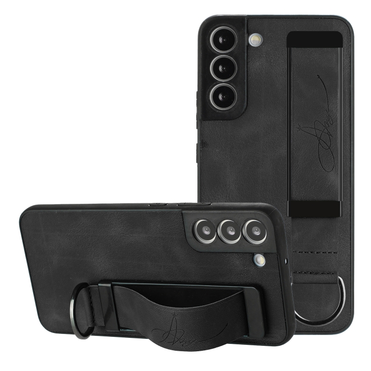 

For Samsung Galaxy S22+ 5G Wristband Holder Leather Back Phone Case(Black)