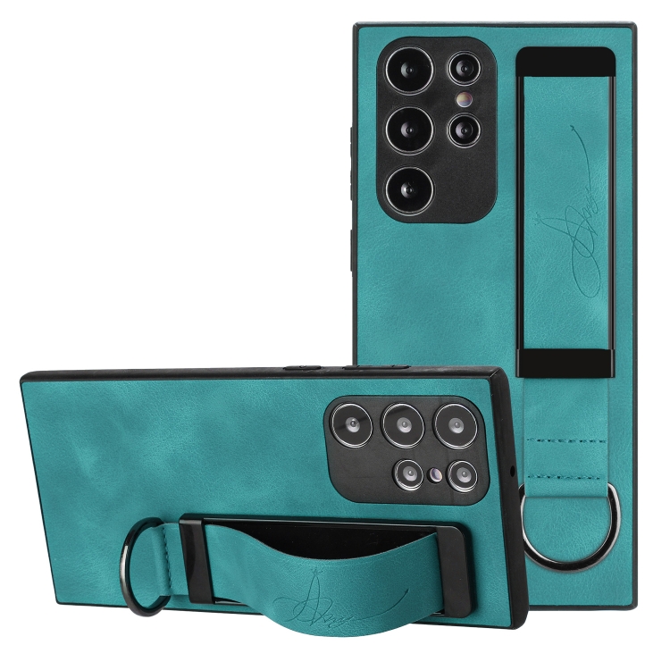 

For Samsung Galaxy S22 Ultra 5G Wristband Holder Leather Back Phone Case(Green)