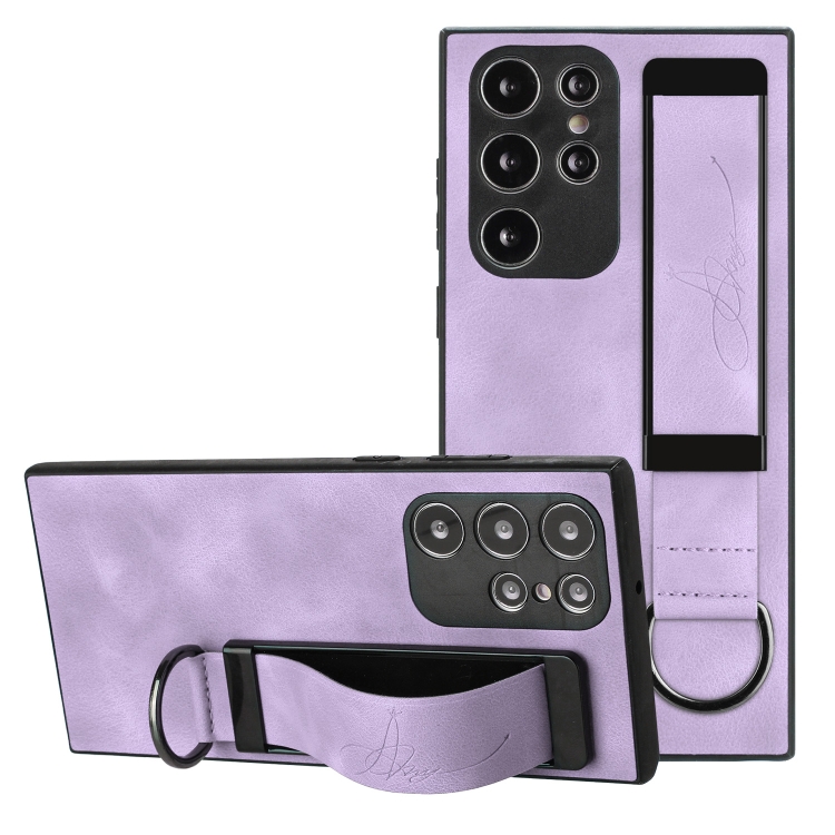 

For Samsung Galaxy S22 Ultra 5G Wristband Holder Leather Back Phone Case(Purple)