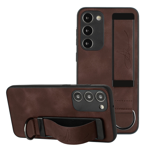 

For Samsung Galaxy S23+ 5G Wristband Holder Leather Back Phone Case(Coffee)