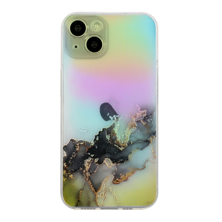 

For iPhone 15 Plus Laser Marble Pattern Clear TPU Shockproof Phone Case(Black)