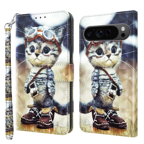 

For Google Pixel 9 Pro XL 3D Painted Pattern Leather Phone Case(Naughty Cat)