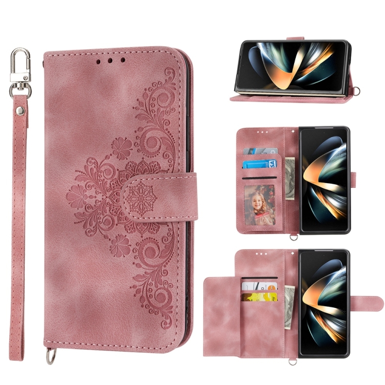 

For Samsung Galaxy Z Fold6 Skin Feel Flowers Embossed Wallet Leather Phone Case(Pink)