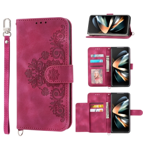 

For Samsung Galaxy Z Fold6 Skin Feel Flowers Embossed Wallet Leather Phone Case(Wine Red)