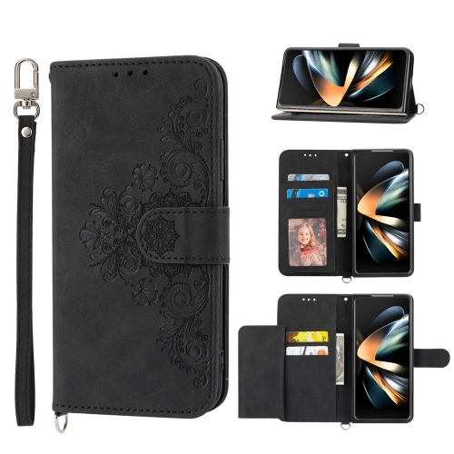 

For Samsung Galaxy Z Fold6 Skin Feel Flowers Embossed Wallet Leather Phone Case(Black)