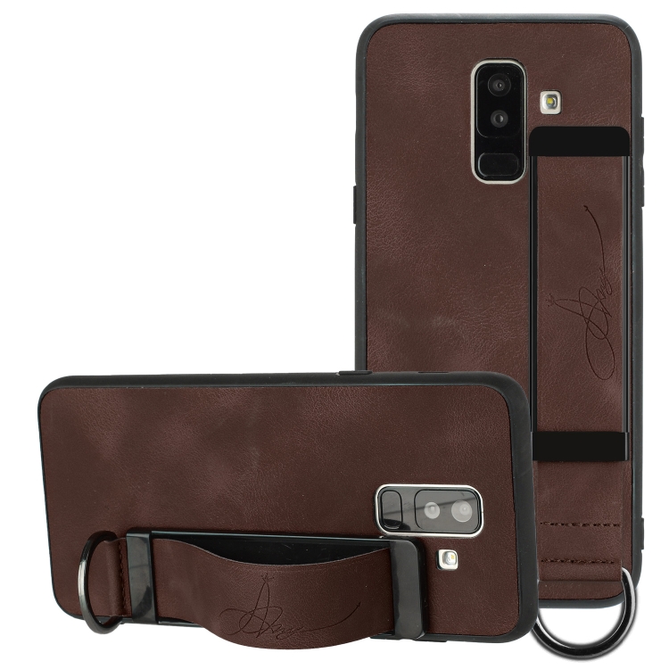 

For Samsung Galaxy A6 Wristband Holder Leather Back Phone Case(Coffee)
