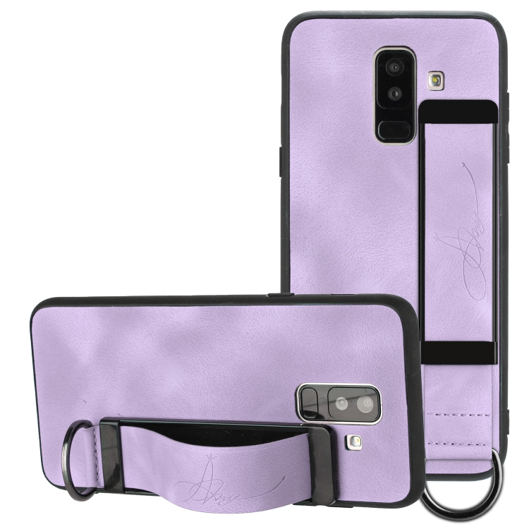

For Samsung Galaxy A6+ Wristband Holder Leather Back Phone Case(Purple)