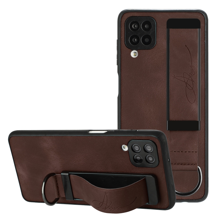 

For Samsung Galaxy A12 Wristband Holder Leather Back Phone Case(Coffee)