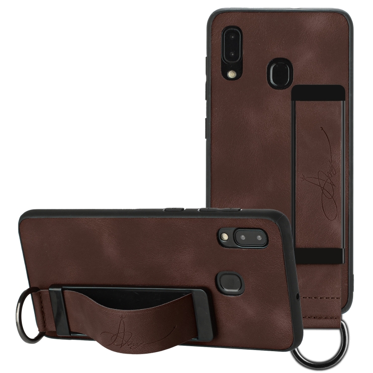

For Samsung Galaxy A20e Wristband Holder Leather Back Phone Case(Coffee)