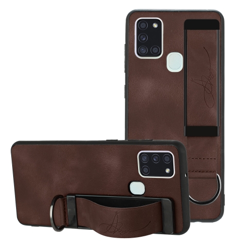 

For Samsung Galaxy A21s Wristband Holder Leather Back Phone Case(Coffee)