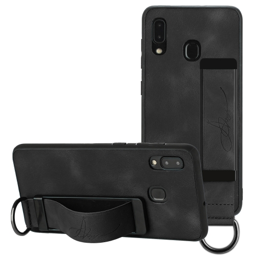 

For Samsung Galaxy A30 Wristband Holder Leather Back Phone Case(Black)