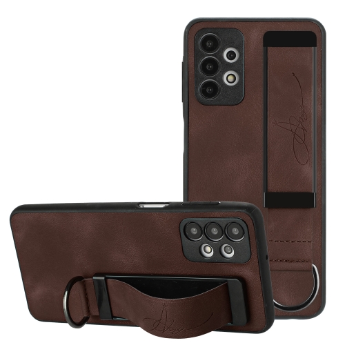 

For Samsung Galaxy A32 5G Wristband Holder Leather Back Phone Case(Coffee)