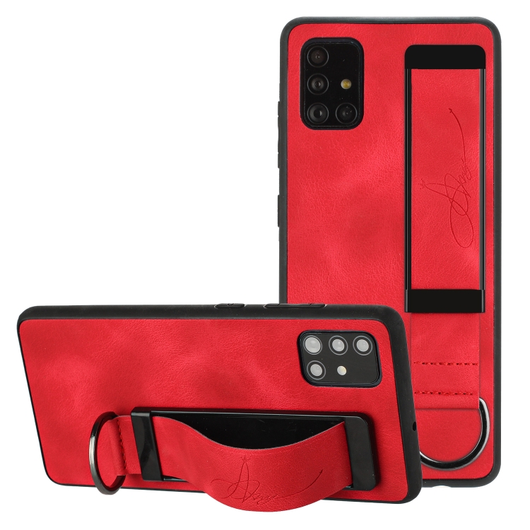 

For Samsung Galaxy A41 Wristband Holder Leather Back Phone Case(Red)