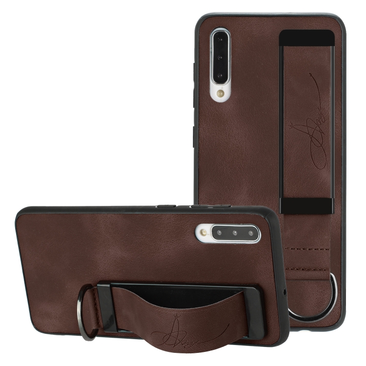 

For Samsung Galaxy A50 Wristband Holder Leather Back Phone Case(Coffee)