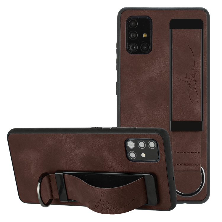 

For Samsung Galaxy A71 Wristband Holder Leather Back Phone Case(Coffee)