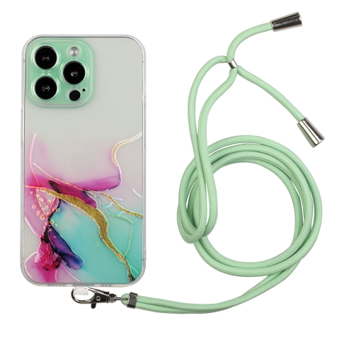 

For iPhone 15 Pro Max Hollow Marble Pattern TPU Shockproof Phone Case with Rope(Green)