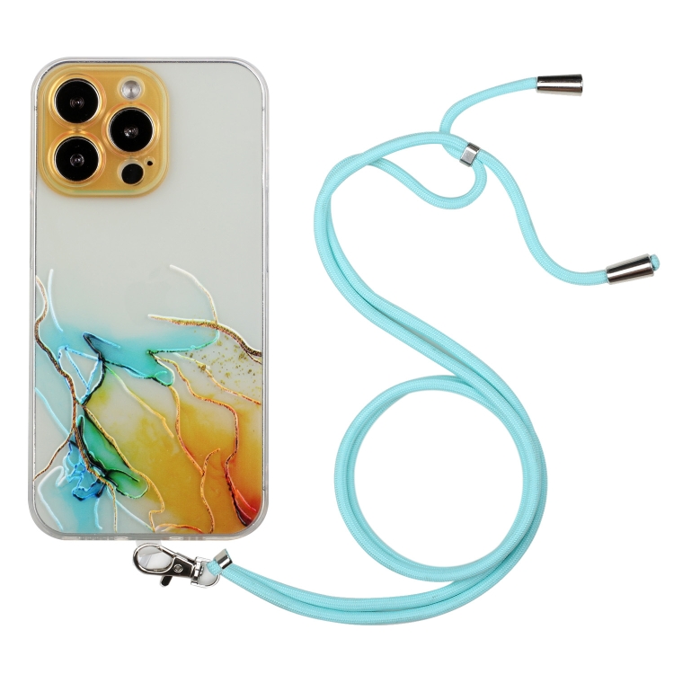 

For iPhone 15 Pro Hollow Marble Pattern TPU Shockproof Phone Case with Rope(Yellow)