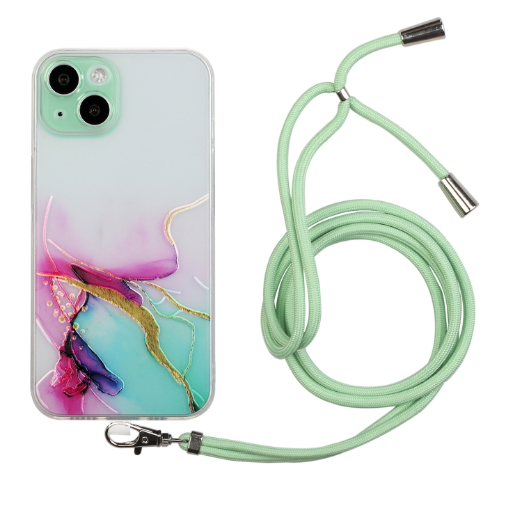 

For iPhone 15 Hollow Marble Pattern TPU Shockproof Phone Case with Rope(Green)