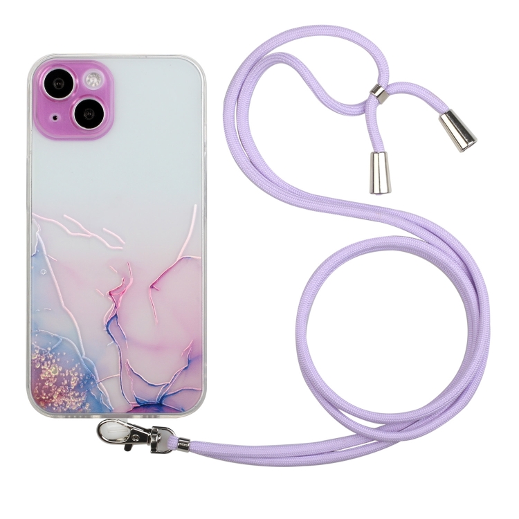

For iPhone 15 Hollow Marble Pattern TPU Shockproof Phone Case with Rope(Pink)
