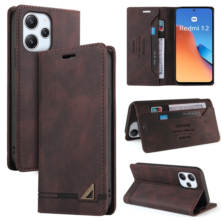 

For Xiaomi Redmi 12 Skin Feel Anti-theft Brush Horizontal Flip Leather Case with Holder(Brown)