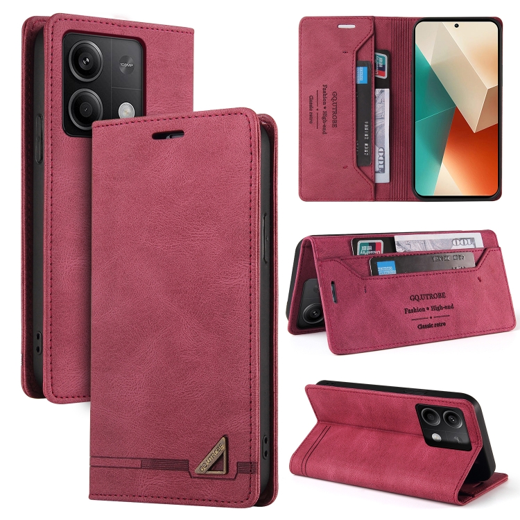 

For Xiaomi Redmi Note 13 5G Skin Feel Anti-theft Brush Horizontal Flip Leather Case with Holder(Wine Red)