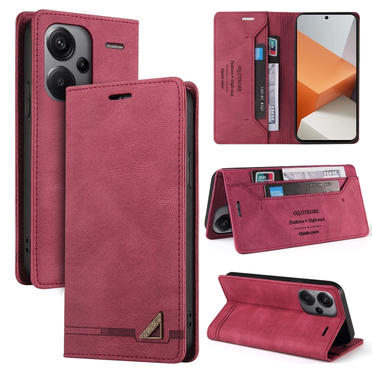

For Xiaomi Redmi Note 13 Pro+ Skin Feel Anti-theft Brush Horizontal Flip Leather Case with Holder(Wine Red)