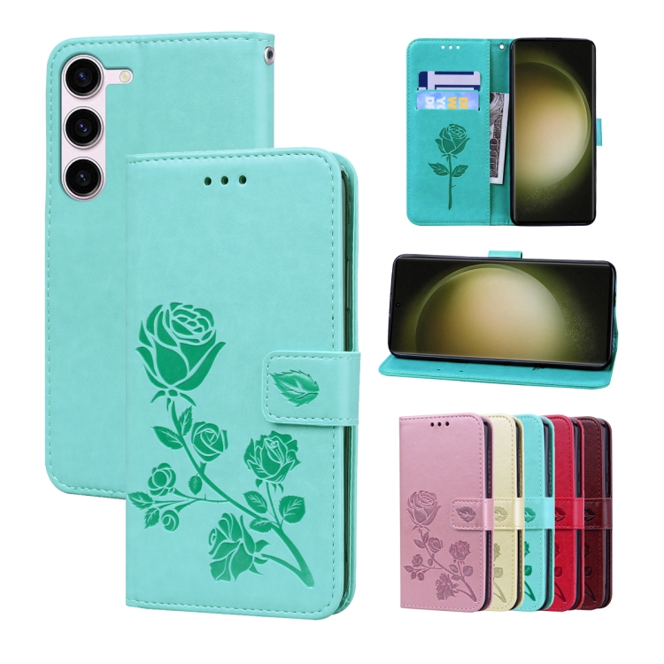 

For Samsung Galaxy S23+ 5G Rose Embossed Flip PU Leather Phone Case(Green)