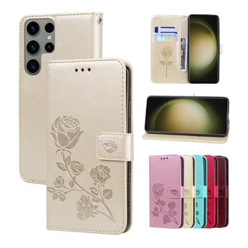 

For Samsung Galaxy S23 Ultra 5G Rose Embossed Flip PU Leather Phone Case(Gold)