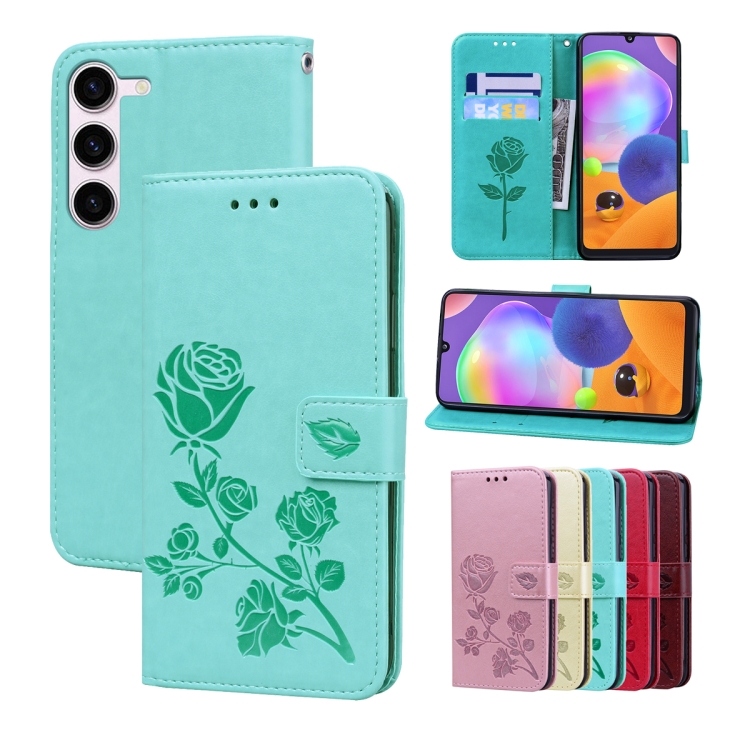 

For Samsung Galaxy S23 Ultra 5G Rose Embossed Flip PU Leather Phone Case(Green)