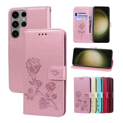 

For Samsung Galaxy S23 Ultra 5G Rose Embossed Flip PU Leather Phone Case(Rose Gold)