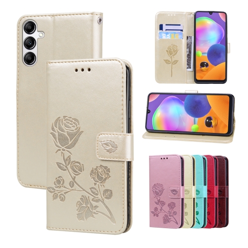 

For Samsung Galaxy A24 4G Rose Embossed Flip PU Leather Phone Case(Gold)