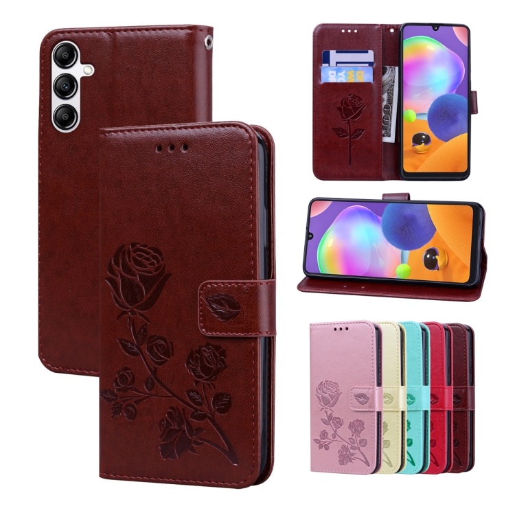 

For Samsung Galaxy A54 5G Rose Embossed Flip PU Leather Phone Case(Brown)