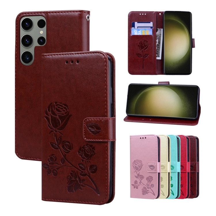 

For Samsung Galaxy S23 Ultra 5G Rose Embossed Flip PU Leather Phone Case(Brown)