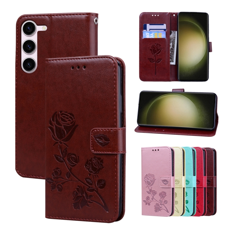 

For Samsung Galaxy S23+ 5G Rose Embossed Flip PU Leather Phone Case(Brown)