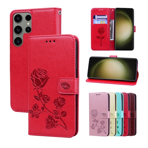 

For Samsung Galaxy S24 Ultra Rose Embossed Flip PU Leather Phone Case(Red)